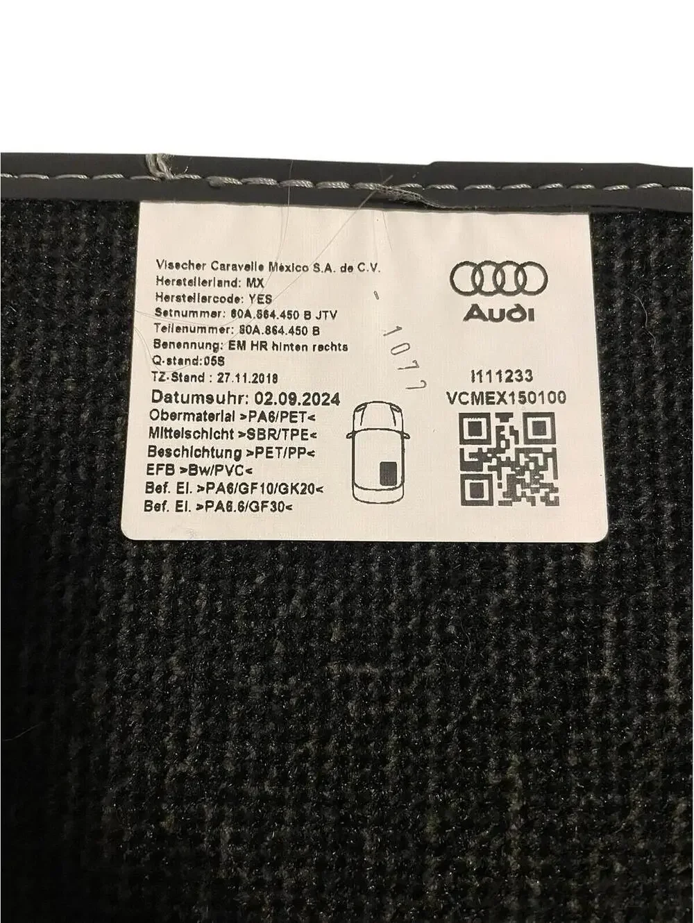 Audi Q5 SQ5 Rear Right Passenger Side Carpet Floor Mat 80A864450B